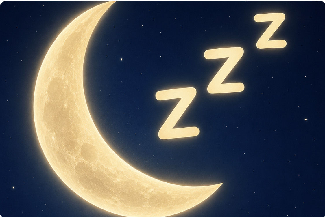 Crescent moon in a starry night sky with sleepy Zs, representing at-home sleep studies.