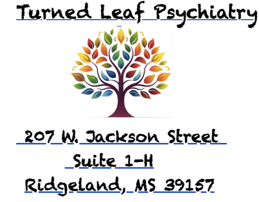 Turned Leaf Psychiatry rainbow tree emblem representing whole-person care.